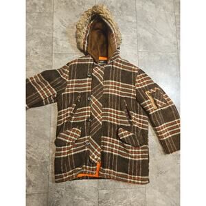 VTG‎ 70s Montgomery Ward Jacket MEDIUM Plaid Insulated Autumn Fur Hooded